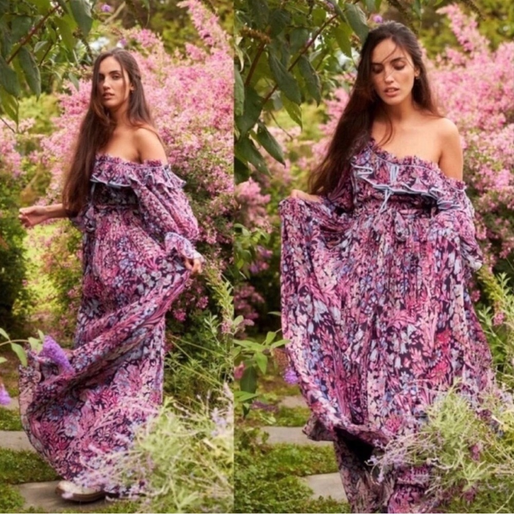 LoveShackFancy Judah Dress Purple Blue Floral Boho Belted Fairy Sz 4‎ Maxi